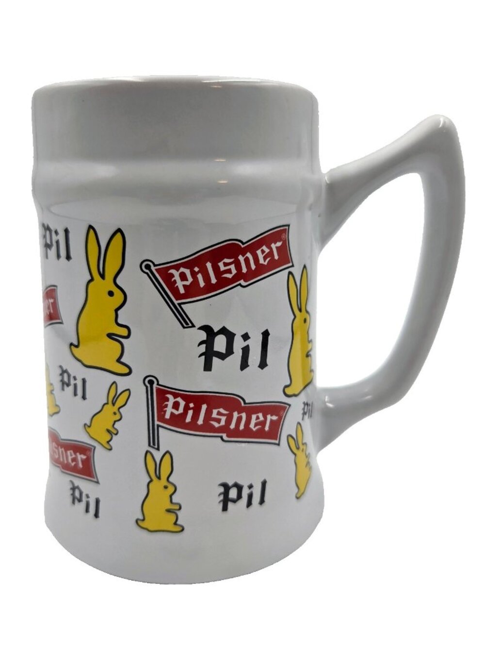 Pilsner Beer Stein Bunny White Collector Mug Yellow Rabbit Ceramic Flag Read